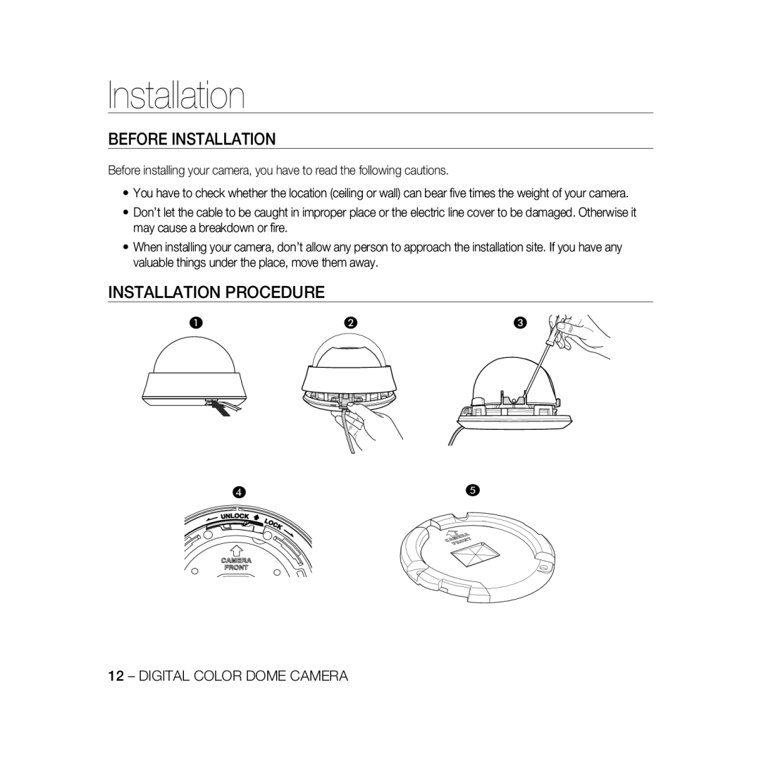 Samsung SCC-B5368BP, SCC-B5368P, SCC-B5366P, SCC-B5366BP manual Before Installation, Installation Procedure 