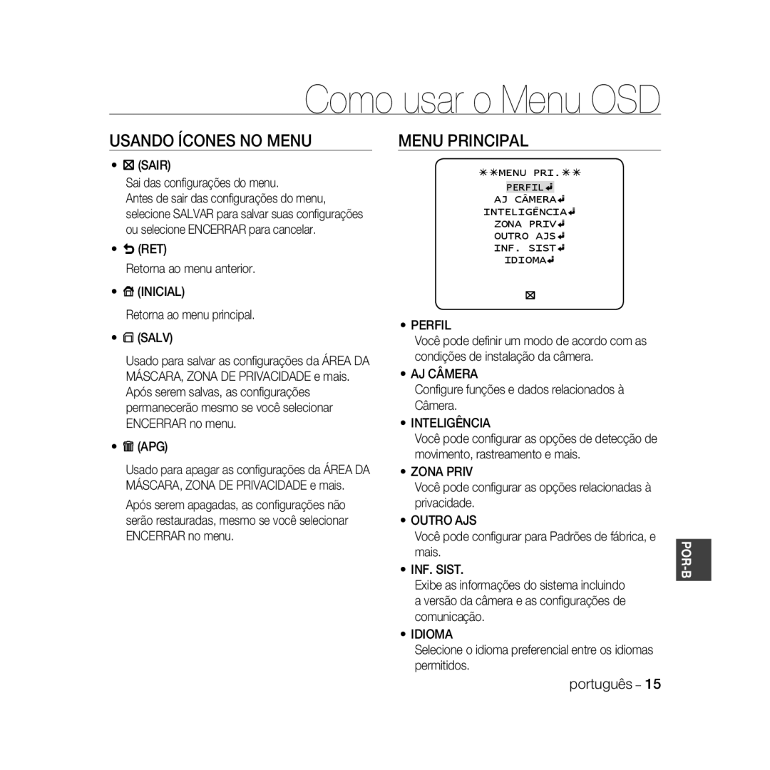 Samsung SCC-B5368P, SCC-B5368BP, SCC-B5366P, SCC-B5366BP manual Usando Ícones no Menu, Menu Principal 