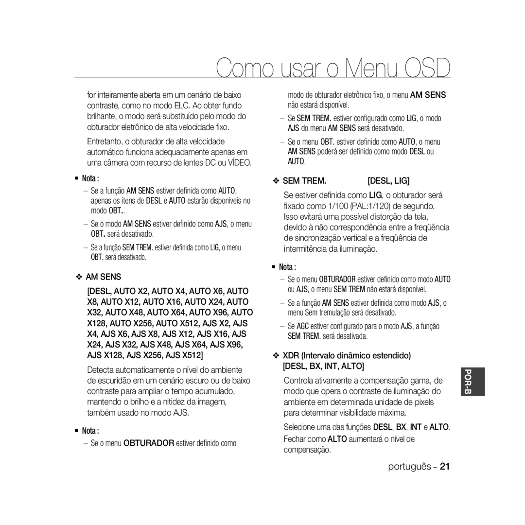 Samsung SCC-B5366BP, SCC-B5368BP, SCC-B5368P manual AM Sens, SEM Trem, XDR Intervalo dinâmico estendido DESL, BX, INT, Alto 