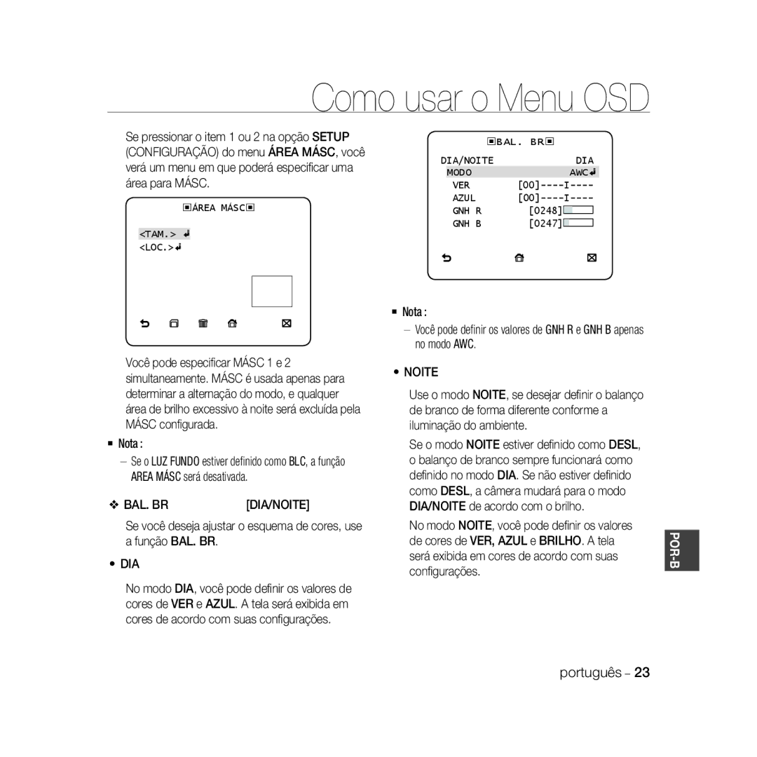 Samsung SCC-B5368P, SCC-B5368BP, SCC-B5366P manual Bal. Br, ‹Área Másc‹, ‹BAL. BR‹ DIA/NOITE Modo AWC VER Azul GNH R, Gnh B 