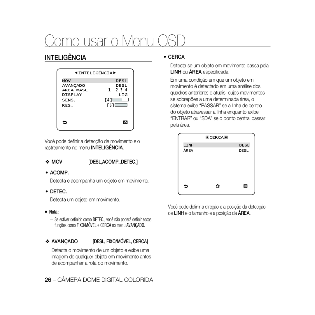 Samsung SCC-B5368BP, SCC-B5368P, SCC-B5366P, SCC-B5366BP manual Inteligência, Acomp, Detec, Avançado 