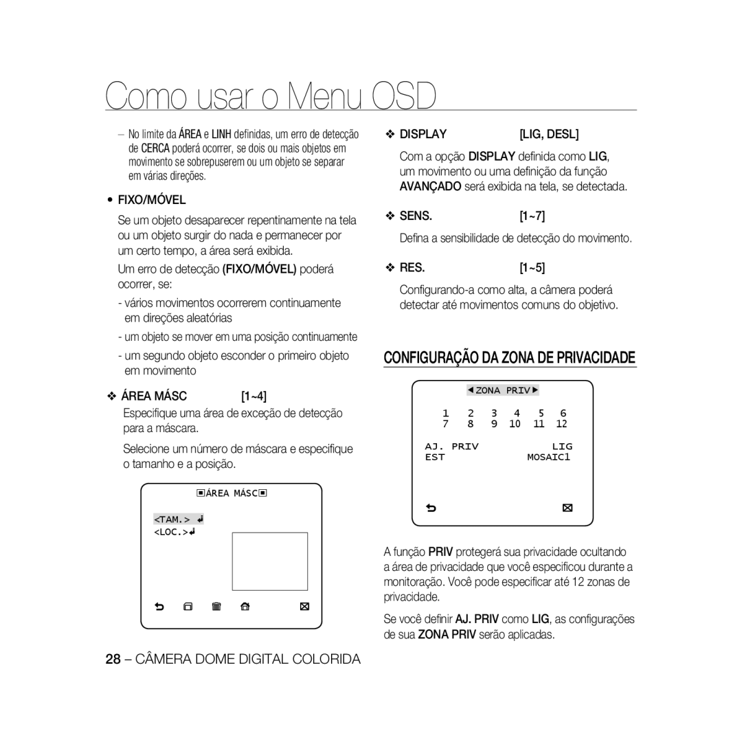 Samsung SCC-B5366P, SCC-B5368BP manual Fixo/Móvel, Área Másc, Configuração DA Zona DE Privacidade, AJ. Priv LIG EST MOSAIC1 