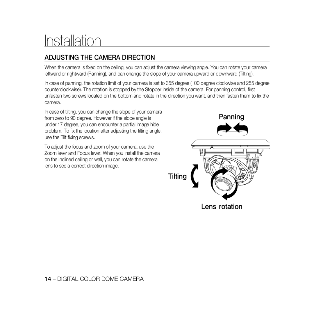 Samsung SCC-B5366P, SCC-B5368BP, SCC-B5368P, SCC-B5366BP manual Adjusting the Camera Direction 