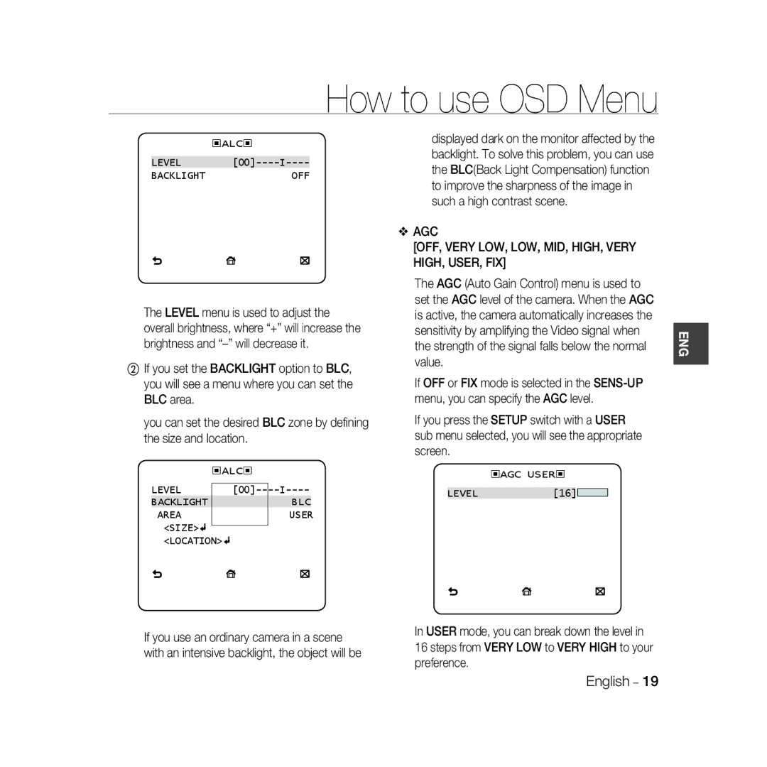 Samsung SCC-B5366BP, SCC-B5368BP, SCC-B5368P AGC OFF, Very LOW, LOW, MID, HIGH, Very HIGH, USER, FIX, Level Backlight OFF 