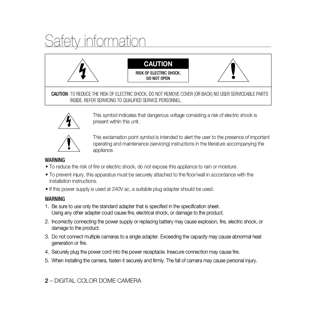 Samsung SCC-B5366P, SCC-B5368BP, SCC-B5368P, SCC-B5366BP manual Safety information 