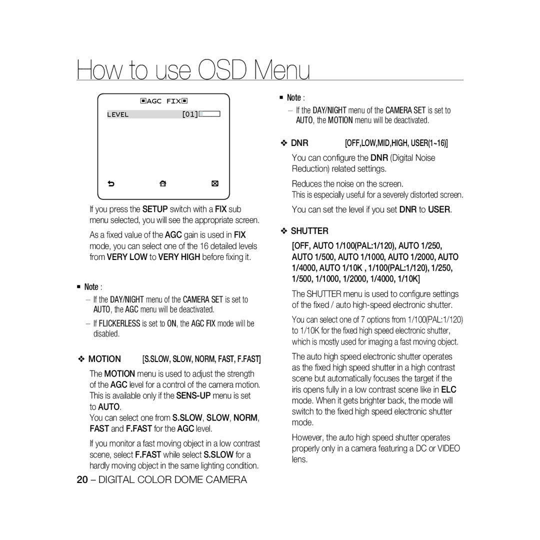 Samsung SCC-B5368BP, SCC-B5368P, SCC-B5366P, SCC-B5366BP manual Motion, Dnr, Shutter, ‹Agc Fix‹ 