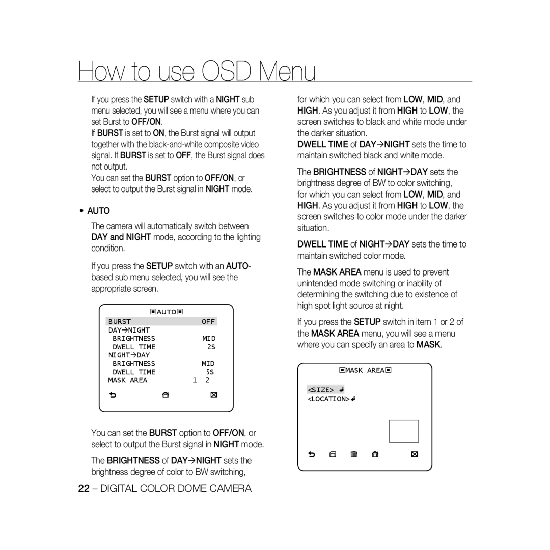 Samsung SCC-B5366P, SCC-B5368BP manual Auto, Burst OFF DAY Ænight Brightness MID Dwell Time Night Æday, Dwell Time Mask Area 