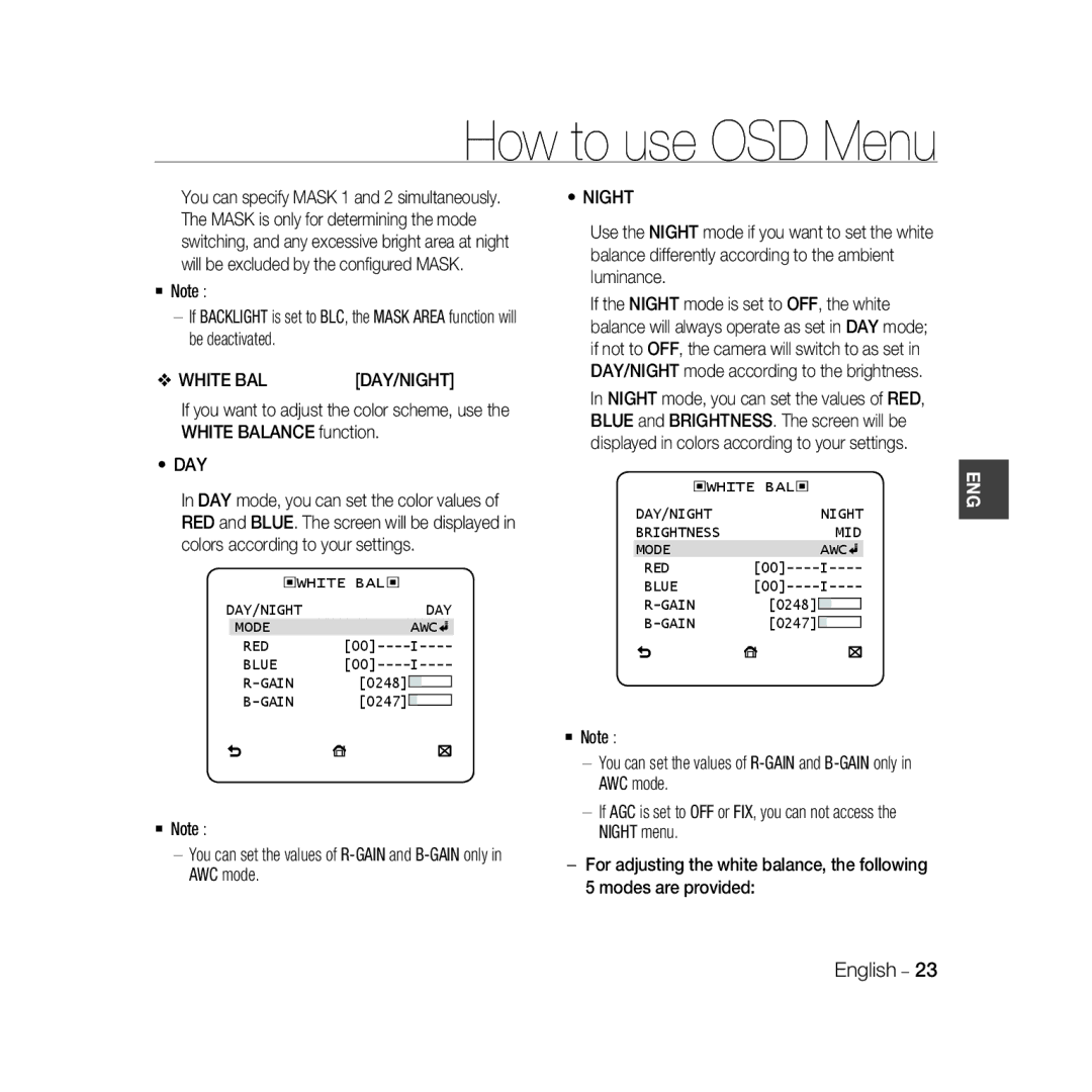 Samsung SCC-B5366BP, SCC-B5368BP manual White BAL, ‹WHITE BAL‹ DAY/NIGHT Mode AWC RED Blue Gain, ‹White Bal ‹ Day/Night 