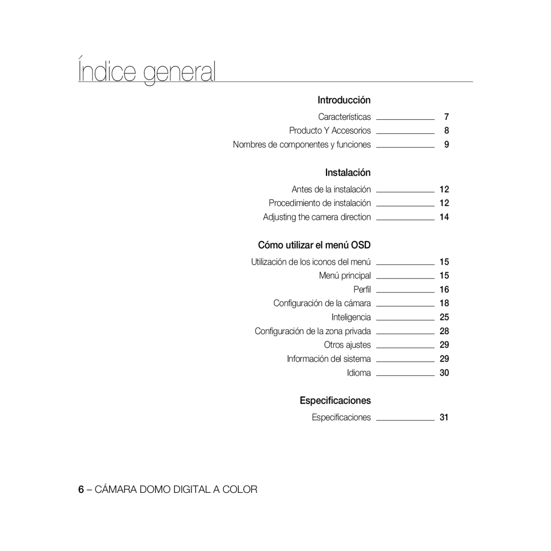 Samsung SCC-B5368P, SCC-B5368BP, SCC-B5366P, SCC-B5366BP manual Índice general 