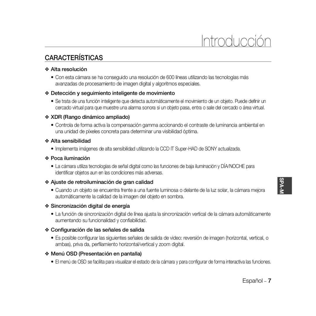 Samsung SCC-B5366P, SCC-B5368BP, SCC-B5368P, SCC-B5366BP manual Introducción, Características 