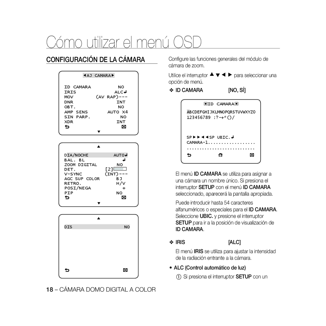 Samsung SCC-B5368P, SCC-B5368BP, SCC-B5366P, SCC-B5366BP manual Configuración DE LA Cámara, ID Camara Iris ALC 