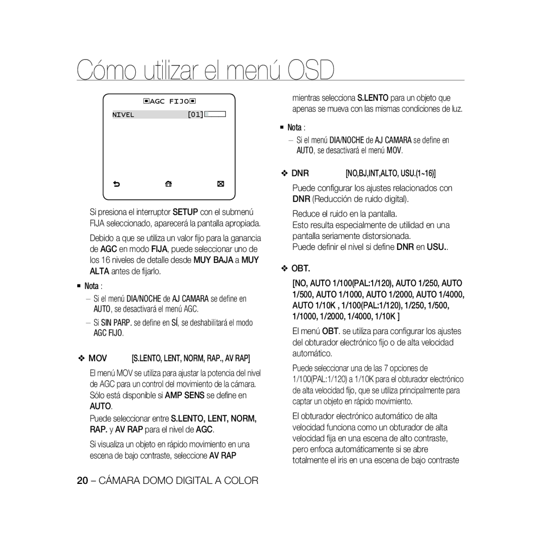 Samsung SCC-B5366BP, SCC-B5368BP, SCC-B5368P, SCC-B5366P manual AGC Fijo, Mov, ‹Agc Fijo‹ 