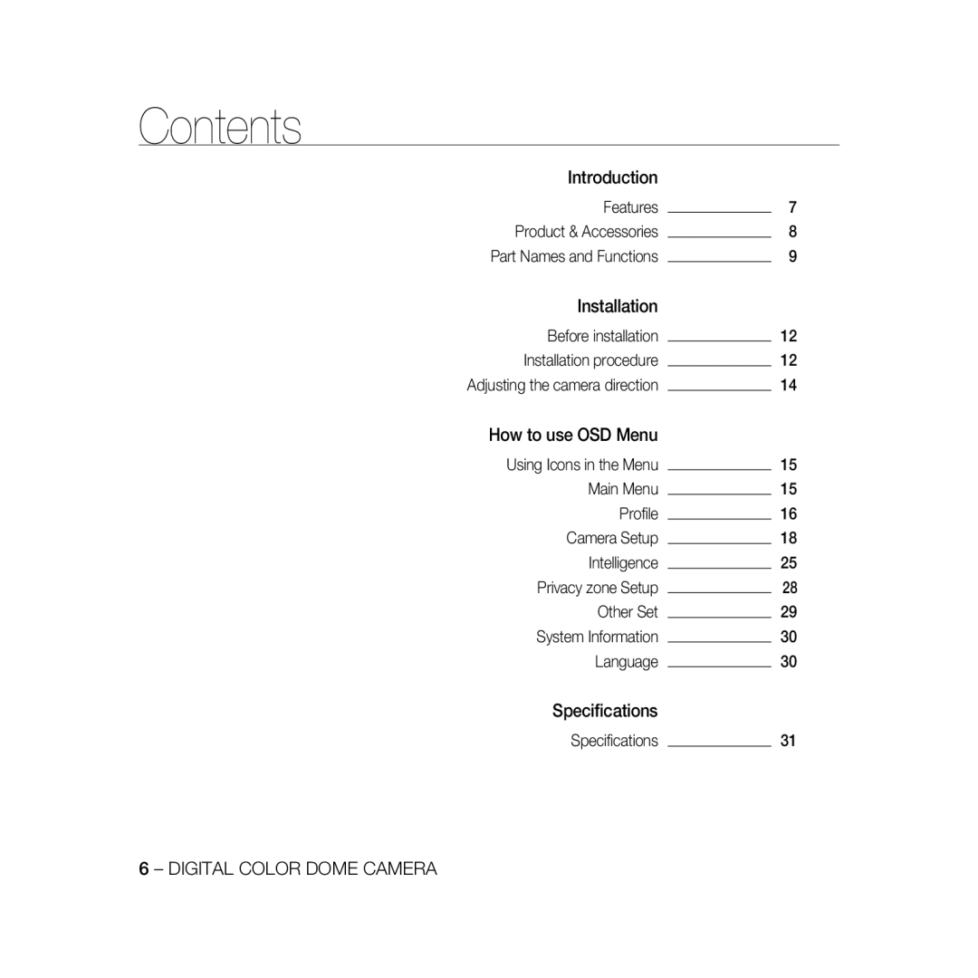 Samsung SCC-B5366P, SCC-B5368BP, SCC-B5368P, SCC-B5366BP manual Contents 