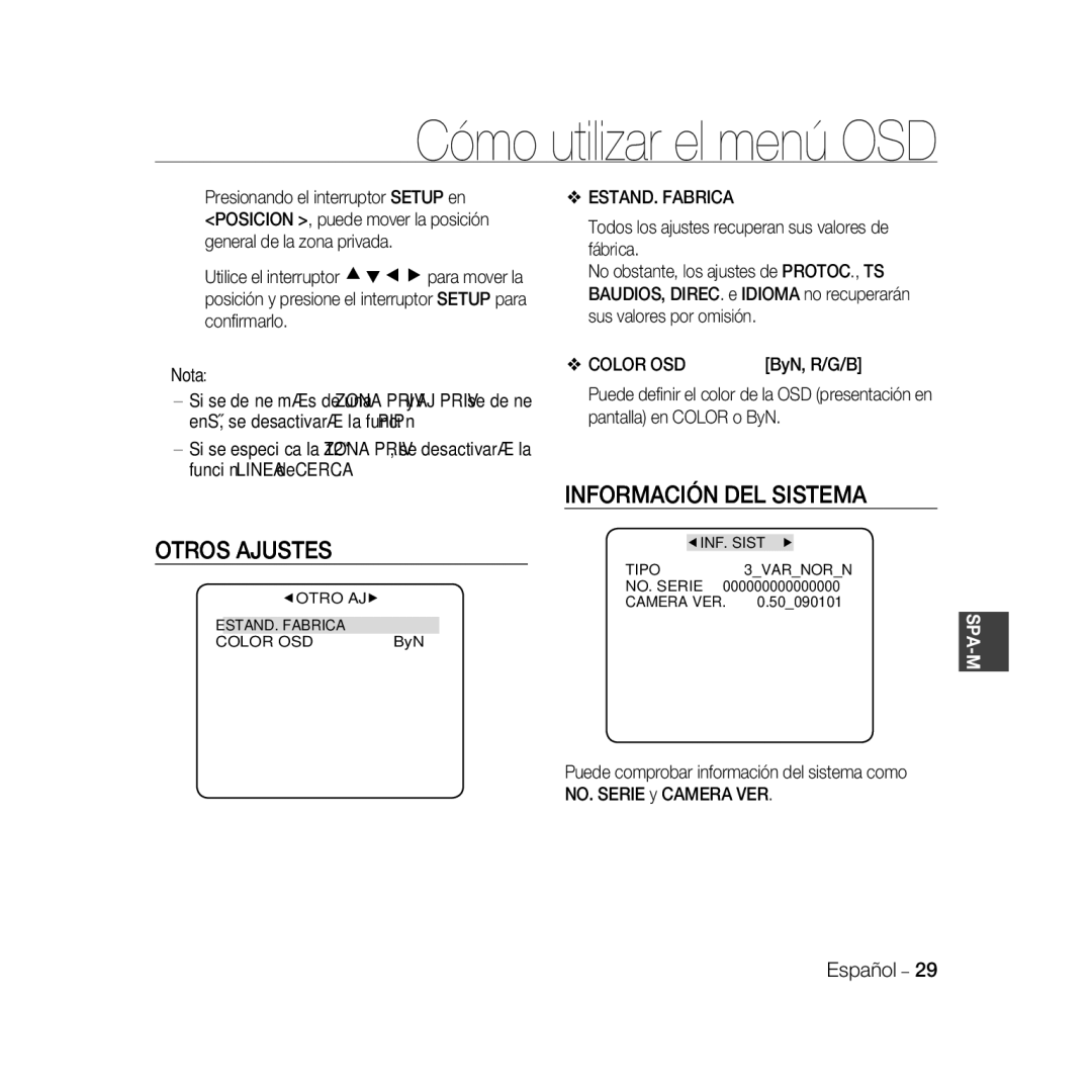 Samsung SCC-B5368BP, SCC-B5368P, SCC-B5366P Otros Ajustes, Información DEL Sistema, ESTAND. Fabrica, Color OSD, ByN, R/G/B 