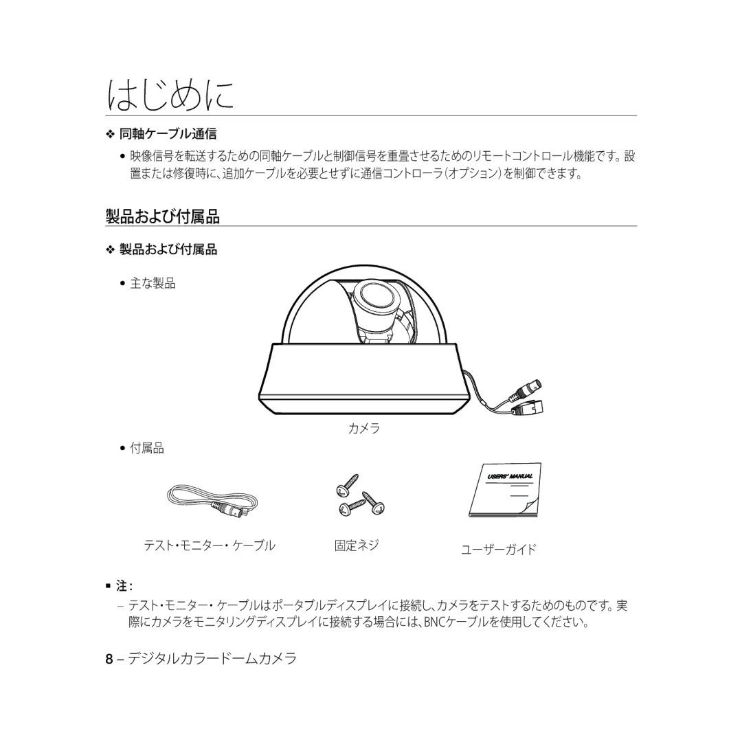 Samsung SCC-B5366P, SCC-B5368BP, SCC-B5368P, SCC-B5366BP manual 同軸ケーブル通信, 製品および付属品 主な製品 カメラ テスト・モニター・ケーブル 固定ネジユーザーガイド  注 