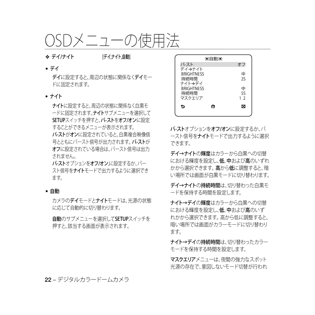 Samsung SCC-B5368BP, SCC-B5368P, SCC-B5366P, SCC-B5366BP manual 22 デジタルカラードームカメラ 