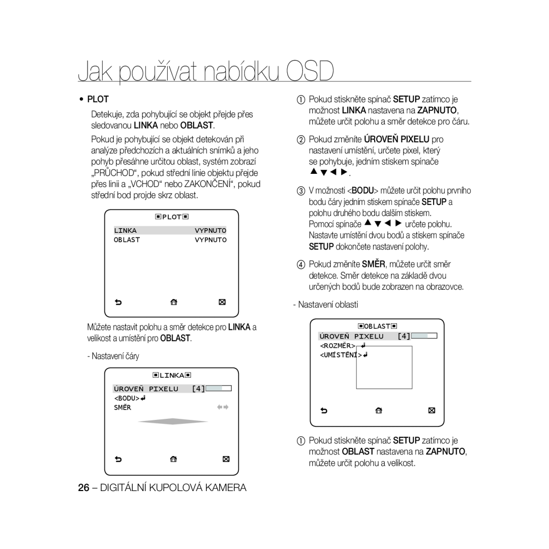 Samsung SCC-B5368BP manual Jak používat nabídku OSD, Digitální Kupolová Kamera, Plot, Nastavení čáry, Nastavení oblasti 