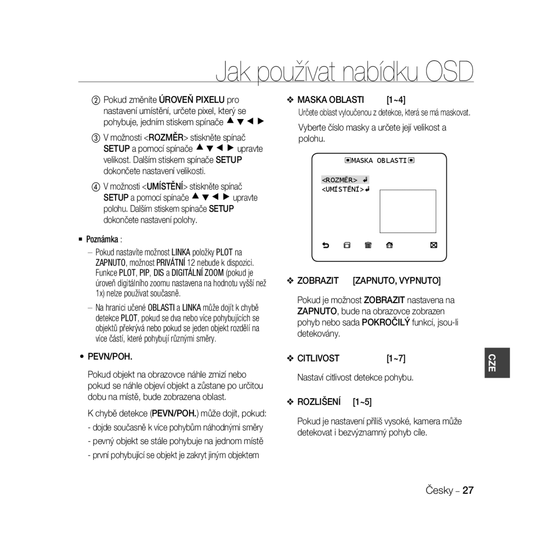 Samsung SCC-B5368P, SCC-B5368BP manual Jak používat nabídku OSD, Určete oblast vyloučenou z detekce, která se má maskovat 