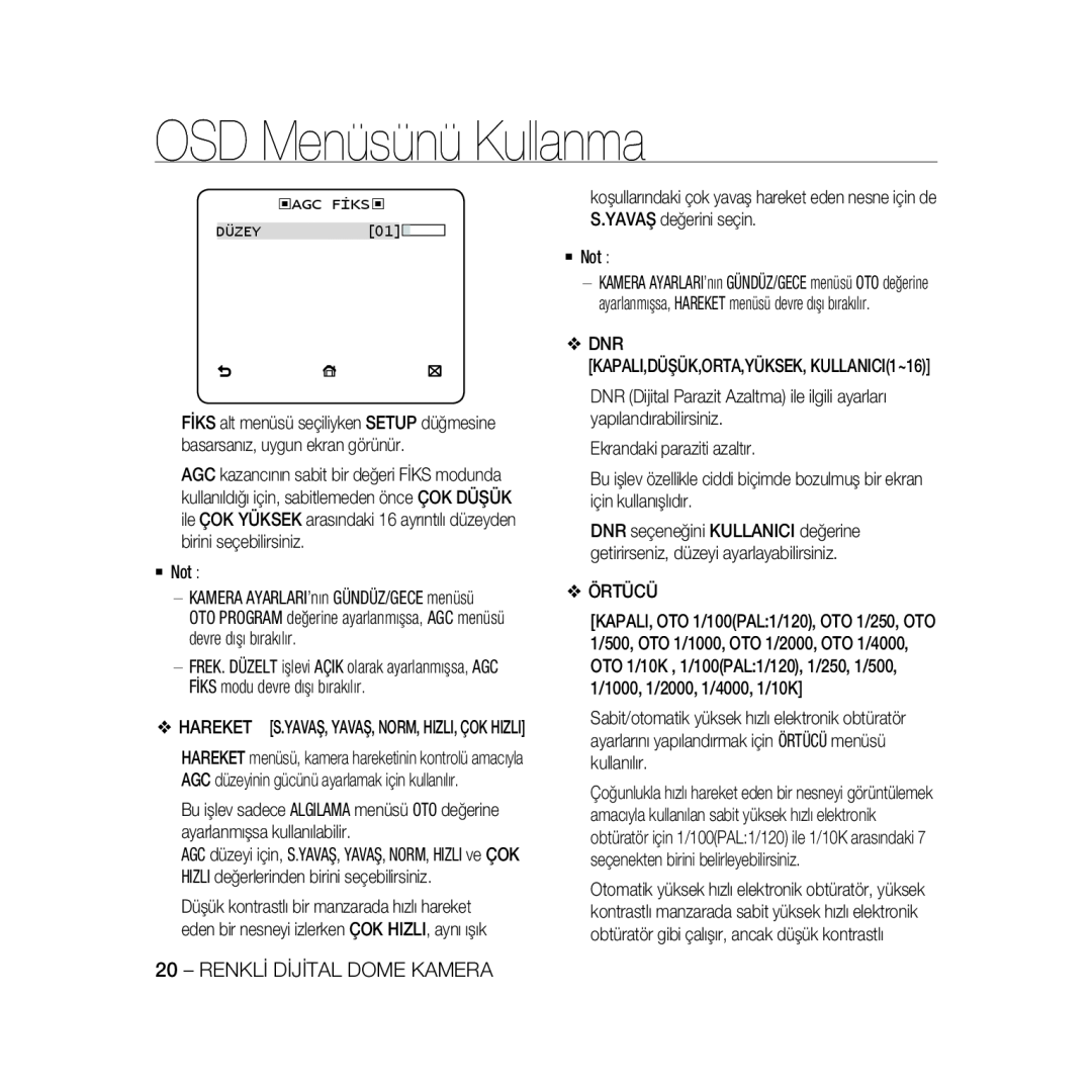 Samsung SCC-B5368P, SCC-B5368BP, SCC-B5366P manual OSD Menüsünü Kullanma, Renkli Dijital Dome Kamera, ‹AGC FİKS‹ DÜZEY01 