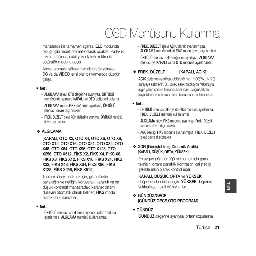 Samsung SCC-B5366P, SCC-B5368BP manual OSD Menüsünü Kullanma, XDR Genişletilmiş Dinamik Aralık KAPALI, DÜŞÜK, ORTA, YÜKSEK 