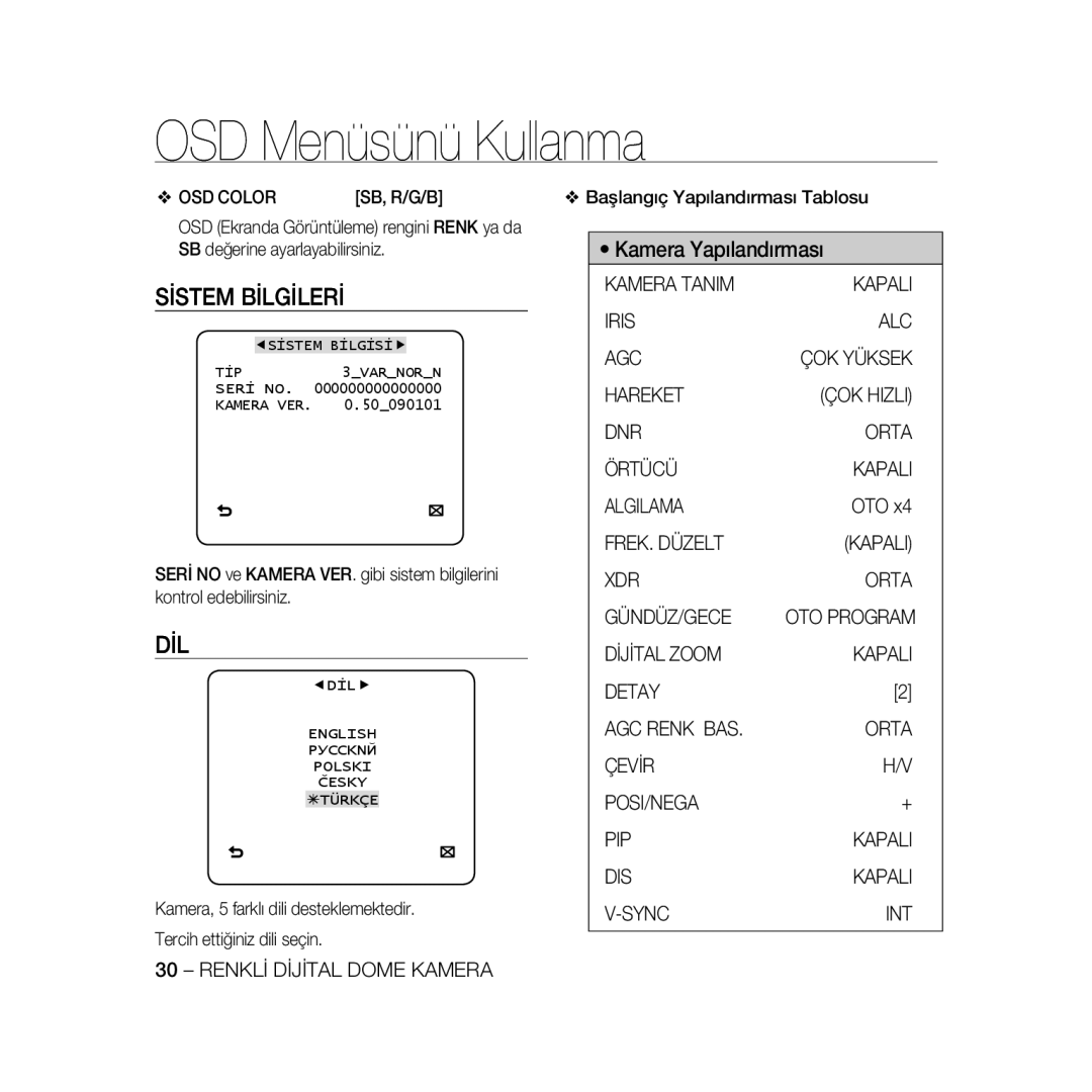 Samsung SCC-B5366BP, SCC-B5368BP, SCC-B5368P, SCC-B5366P manual Sistem Bilgileri, Kamera Yapılandırması, OSD Menüsünü Kullanma 