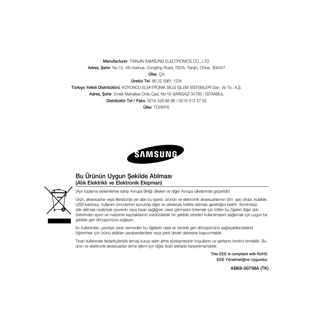 Samsung SCC-B5368BP, SCC-B5368P, SCC-B5366P manual Bu Ürünün Uygun Şekilde Atılması, Atık Elektrikli ve Elektronik Ekipman 