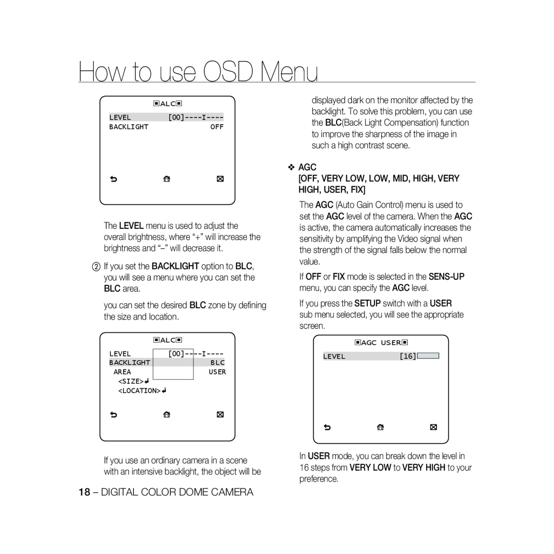 Samsung SCC-B5366P, SCC-B5368BP, SCC-B5368P, SCC-B5366BP manual How to use OSD Menu, Digital Color Dome Camera 