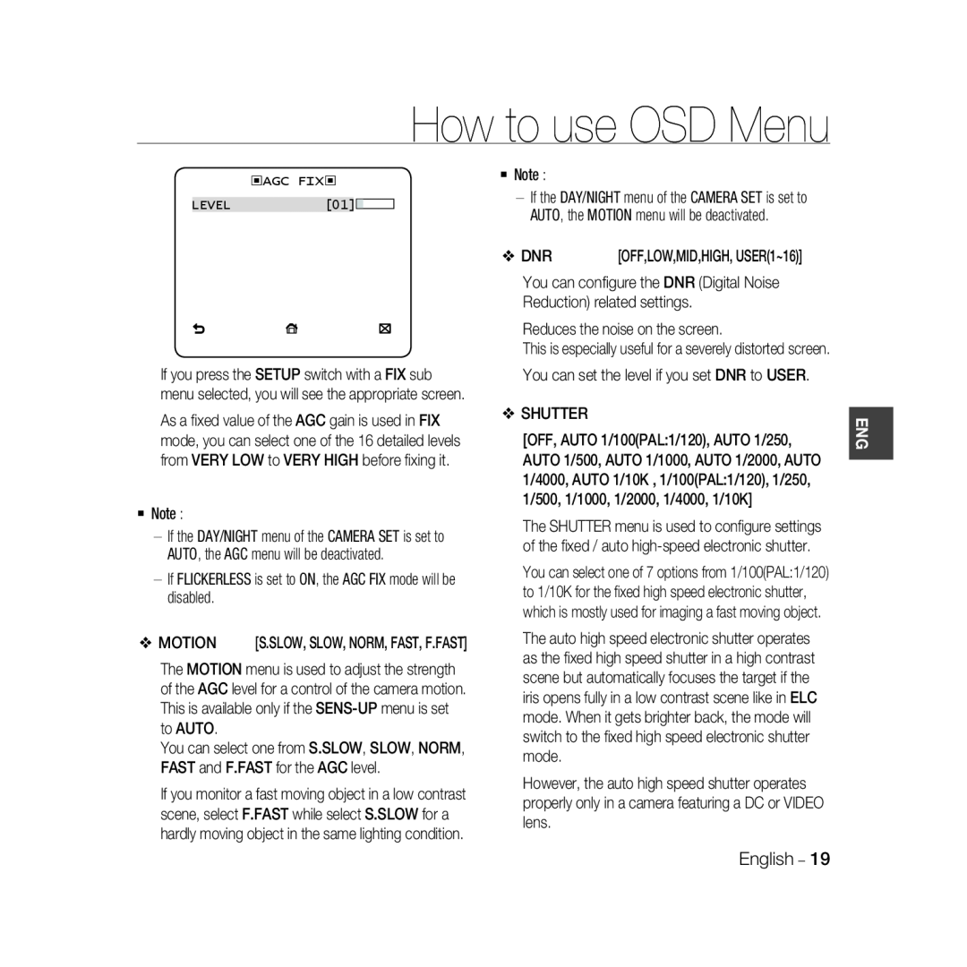 Samsung SCC-B5366BP, SCC-B5368BP, SCC-B5368P, SCC-B5366P manual How to use OSD Menu, ‹AGC FIX‹ LEVEL01 
