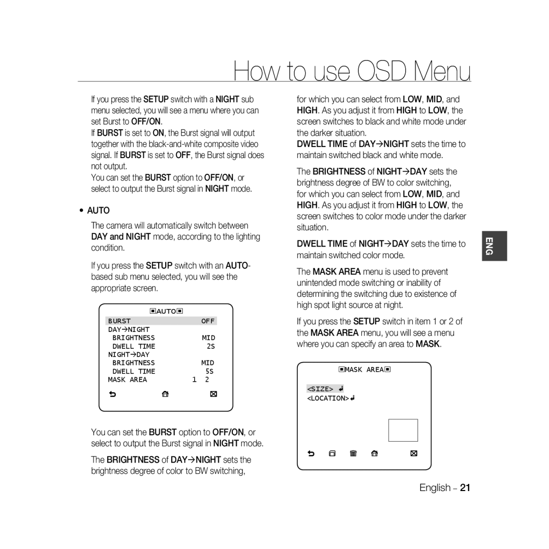 Samsung SCC-B5368P, SCC-B5368BP, SCC-B5366P, SCC-B5366BP manual How to use OSD Menu, Auto 
