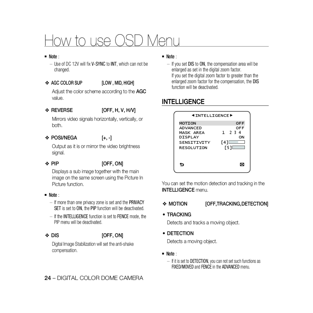 Samsung SCC-B5368BP, SCC-B5368P, SCC-B5366P, SCC-B5366BP manual Intelligence, How to use OSD Menu, Digital Color Dome Camera 