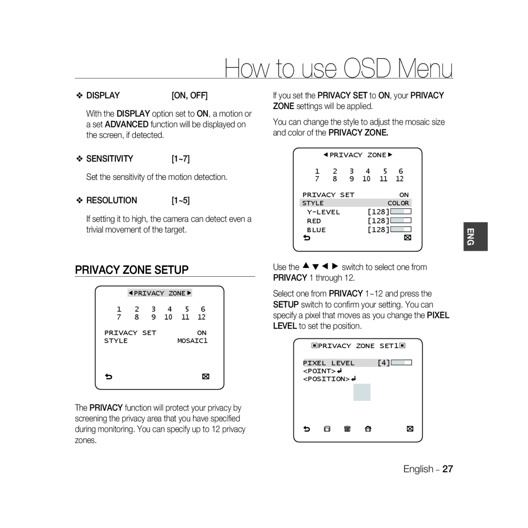 Samsung SCC-B5366BP, SCC-B5368BP, SCC-B5368P, SCC-B5366P manual Privacy Zone Setup, How to use OSD Menu 