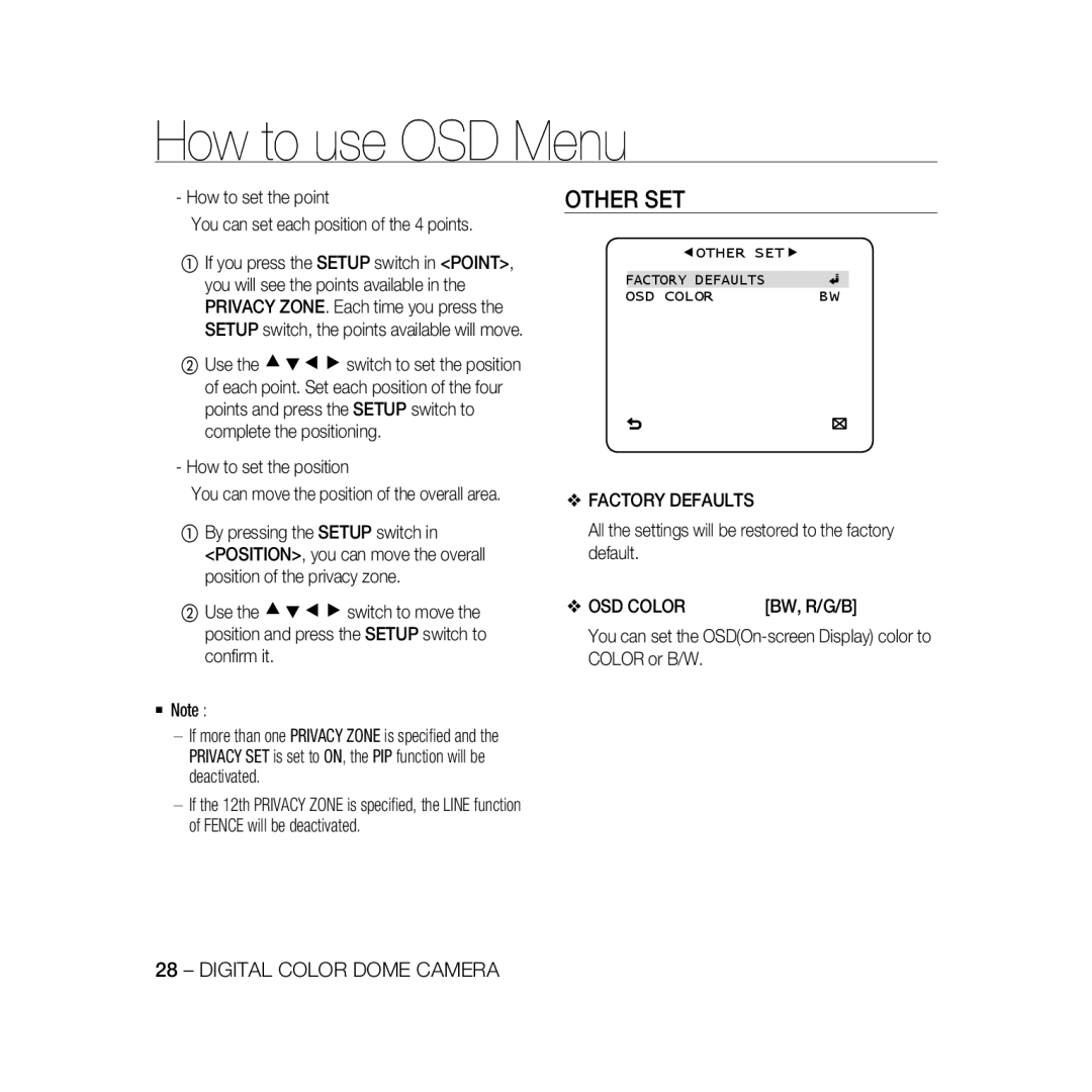 Samsung SCC-B5368BP, SCC-B5368P, SCC-B5366P, SCC-B5366BP manual Other Set, How to use OSD Menu, Digital Color Dome Camera 