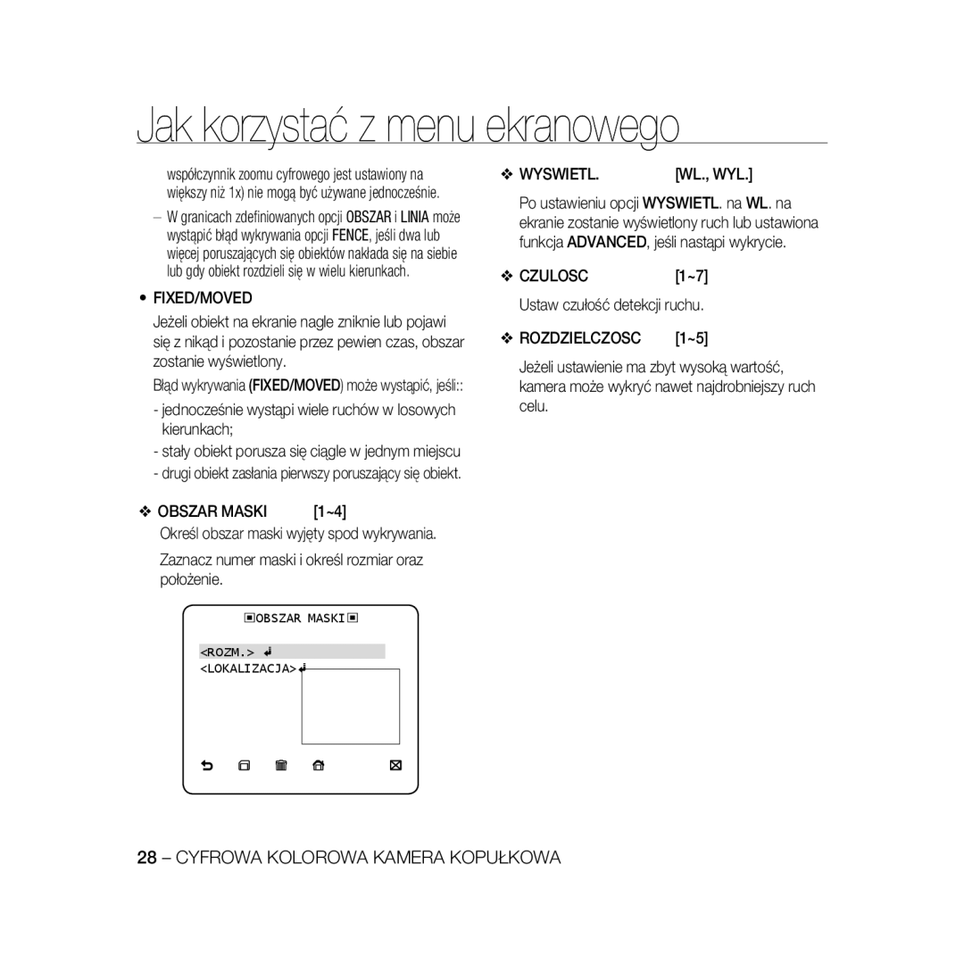 Samsung SCC-B5366P manual Jak korzystać z menu ekranowego, Cyfrowa Kolorowa Kamera Kopułkowa, Ustaw czułość detekcji ruchu 