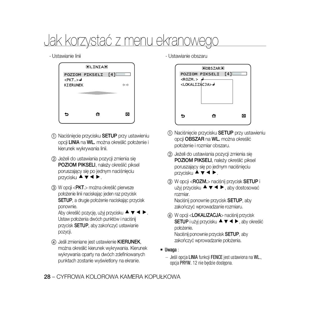 Samsung SCC-B5369P, SCC-B5367P Ustawianie linii, Ustawianie obszaru, Poruszający się po jednym naciśnięciu przycisku cdef 