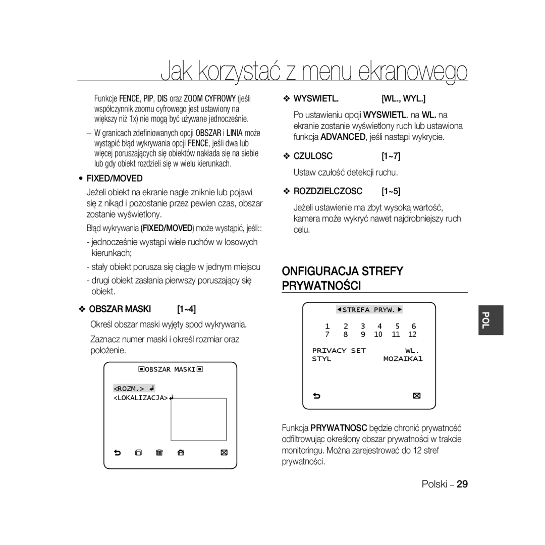 Samsung SCC-B5367P, SCC-B5369P manual Onfiguracja Strefy Prywatności, Obszar Maski, Wyswietl, Wl., Wyl, Rozdzielczosc 