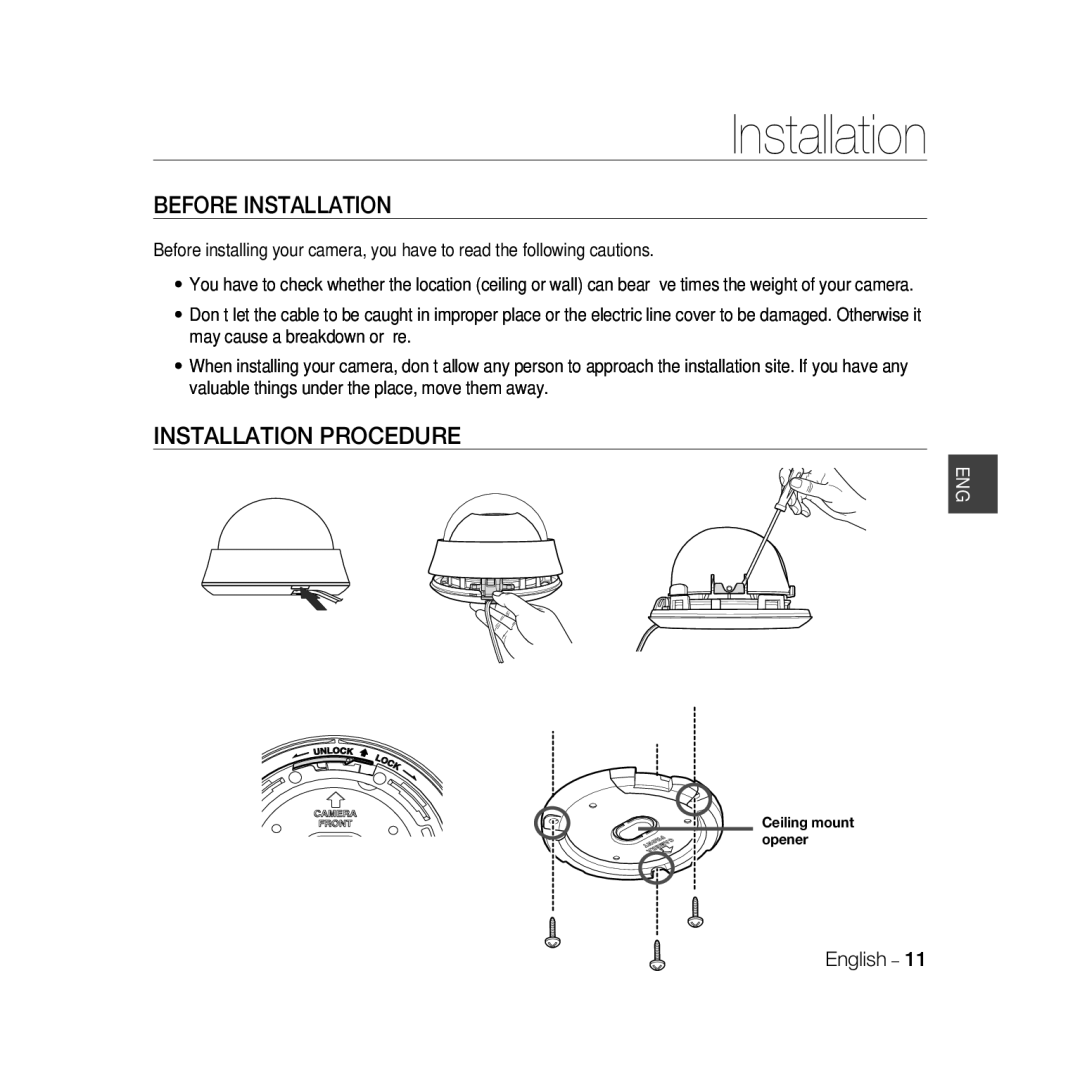 Samsung SCC-B5367P, SCC-B5369P manual Before Installation, Installation Procedure 