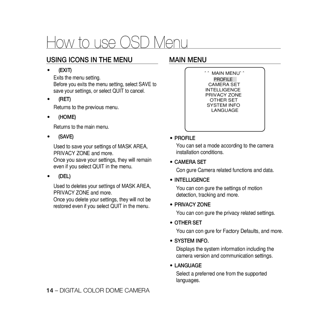 Samsung SCC-B5369P, SCC-B5367P manual How to use OSD Menu, Using Icons in the Menu, Main Menu 