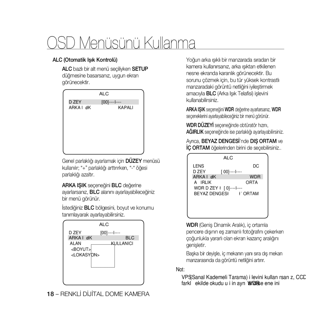 Samsung SCC-B5369P, SCC-B5367P manual Düzey Arka Işik Kapali, Düzey Arka Işik BLC Alan, Lokasyon 