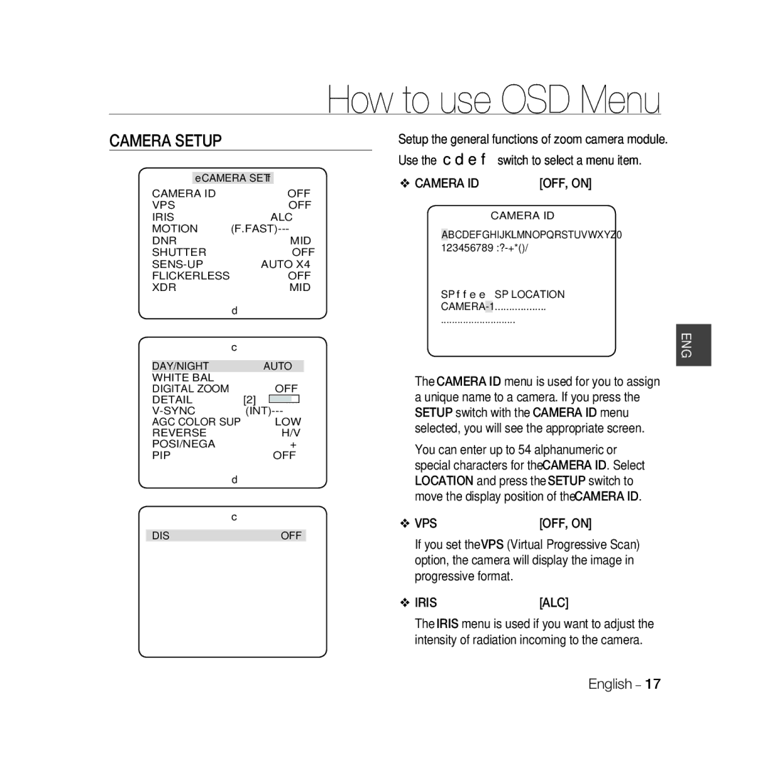 Samsung SCC-B5367P, SCC-B5369P manual Camera Setup, Vps, Iris ALC, Intensity of radiation incoming to the camera 