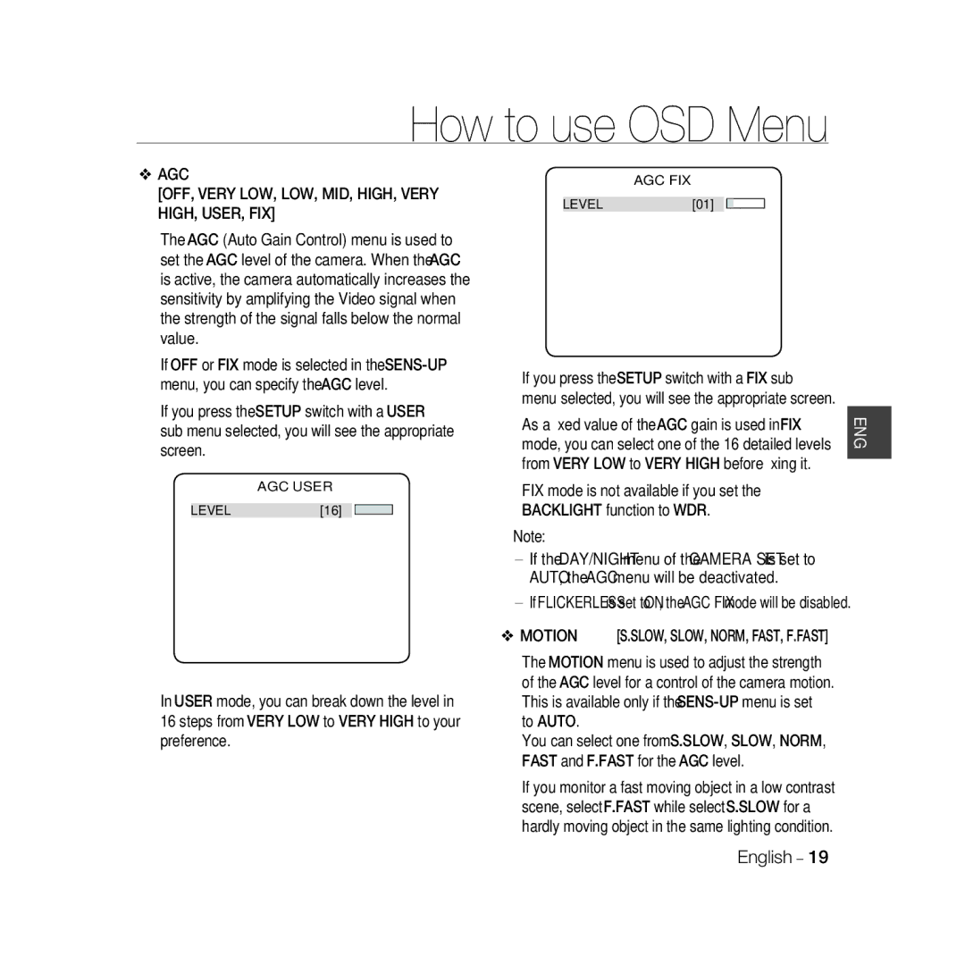 Samsung SCC-B5367P, SCC-B5369P manual AGC OFF, Very LOW, LOW, MID, HIGH, Very HIGH, USER, FIX, Motion, ‹Agc Fix‹, ‹Agc User‹ 