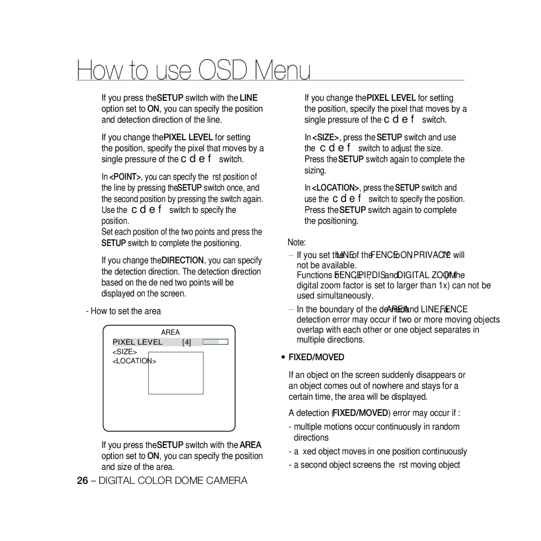 Samsung SCC-B5369P, SCC-B5367P manual Fixed/Moved, Pixel Level 