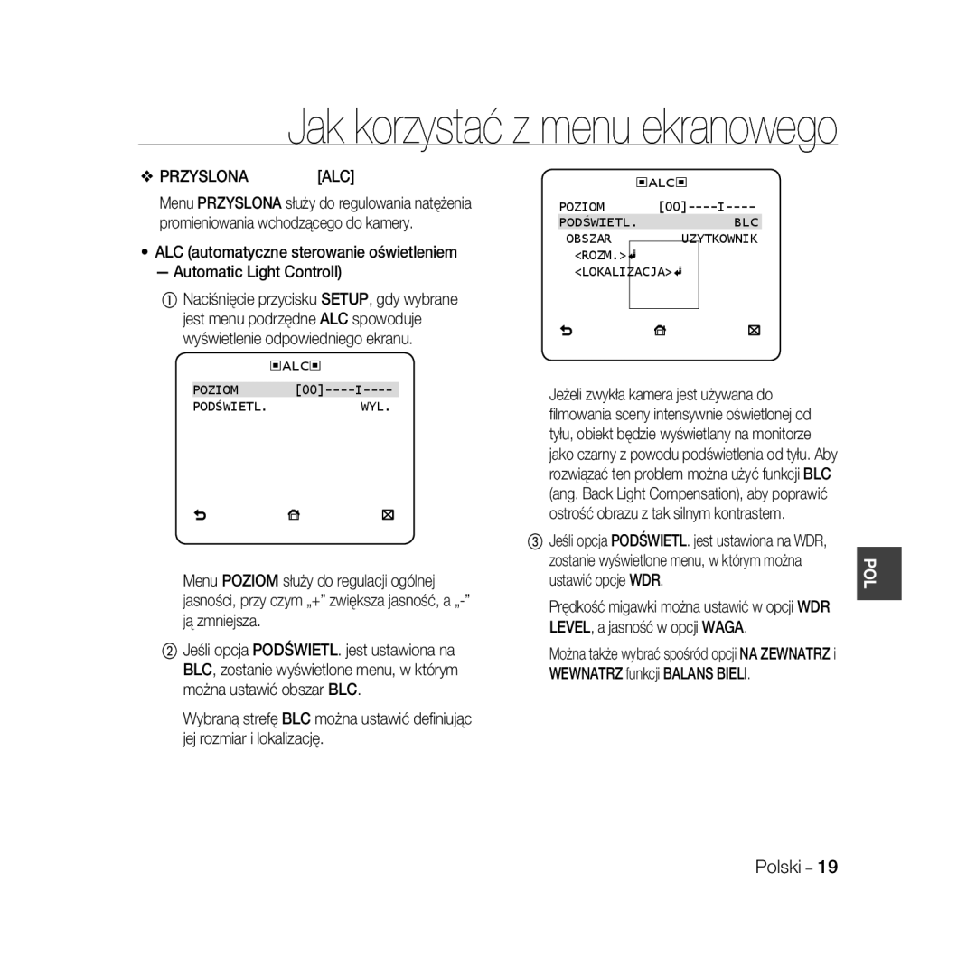 Samsung SCC-B5367P, SCC-B5369P manual Przyslona ALC, Poziom, PODŚWIETL.BLC Obszar Uzytkownik ROZM. Lokalizacja 