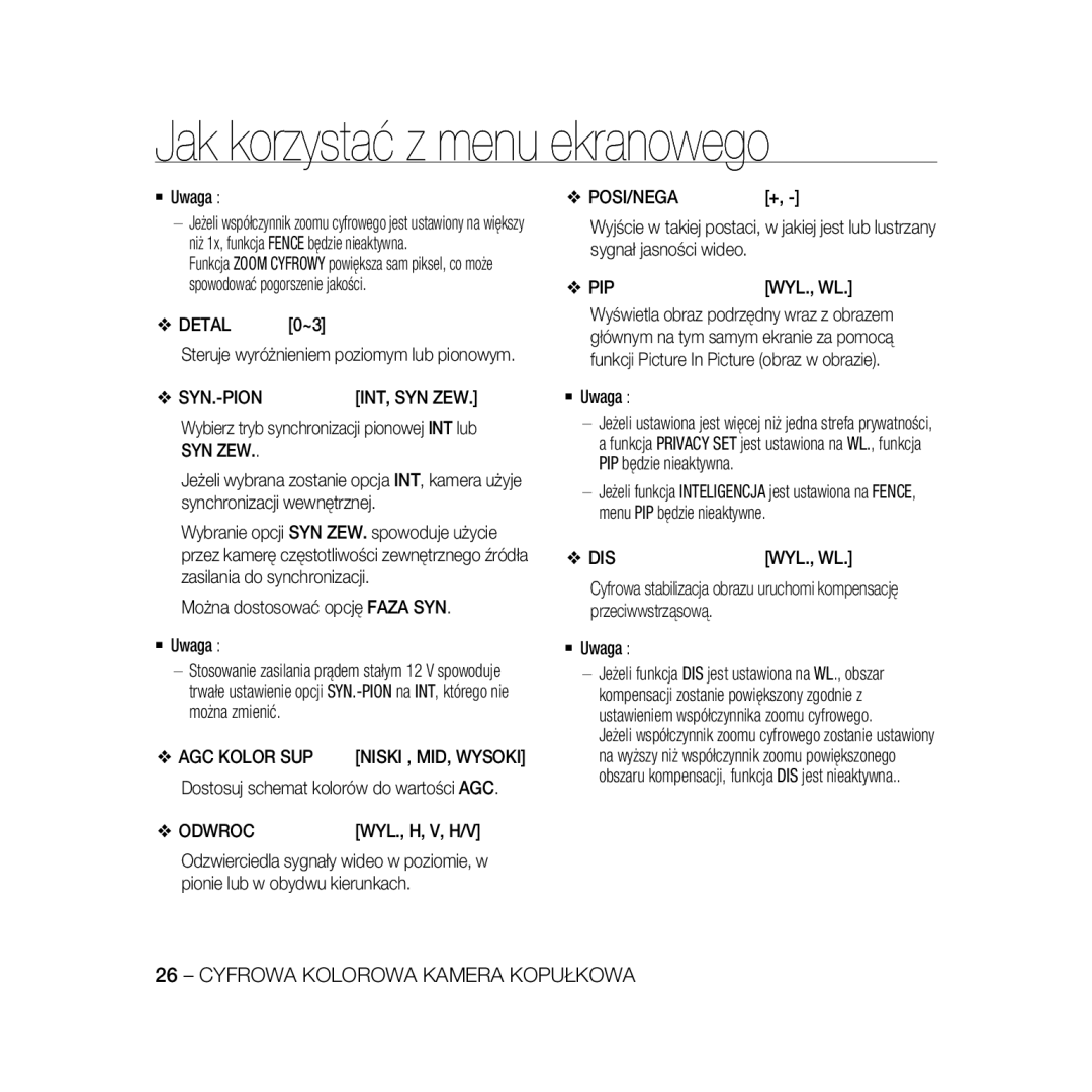 Samsung SCC-B5369P, SCC-B5367P manual Syn.-Pion, Syn Zew, AGC Kolor SUP, Odwroc 