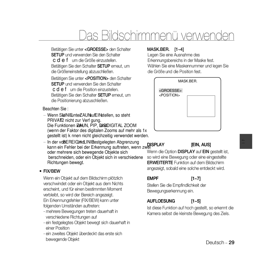 Samsung SCC-B5367P, SCC-B5369P manual Fix/Bew, Empf, Stellen Sie die Empﬁndlichkeit der Bewegungserkennung ein, Aufloesung 