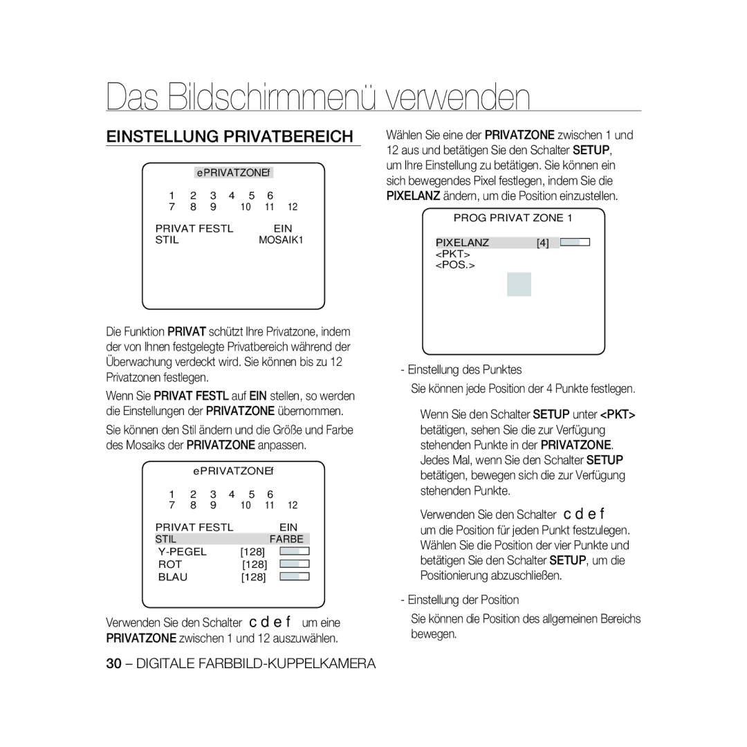 Samsung SCC-B5369P, SCC-B5367P Einstellung Privatbereich, Privat Festl EIN Stil MOSAIK1, Privat Festl EIN Stil Farbe Pegel 