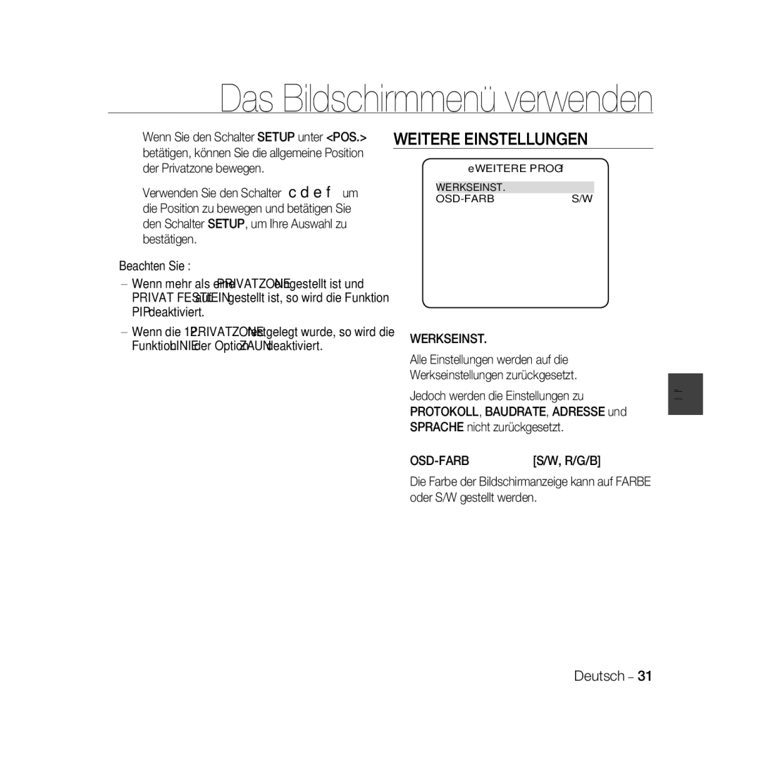 Samsung SCC-B5367P, SCC-B5369P manual Weitere Einstellungen, Osd-Farb, Werkseinst OSD-FARBS/W 