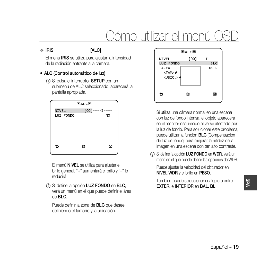 Samsung SCC-B5369P, SCC-B5367P manual ‹ALC‹ Nivel LUZ Fondo BLC Area 