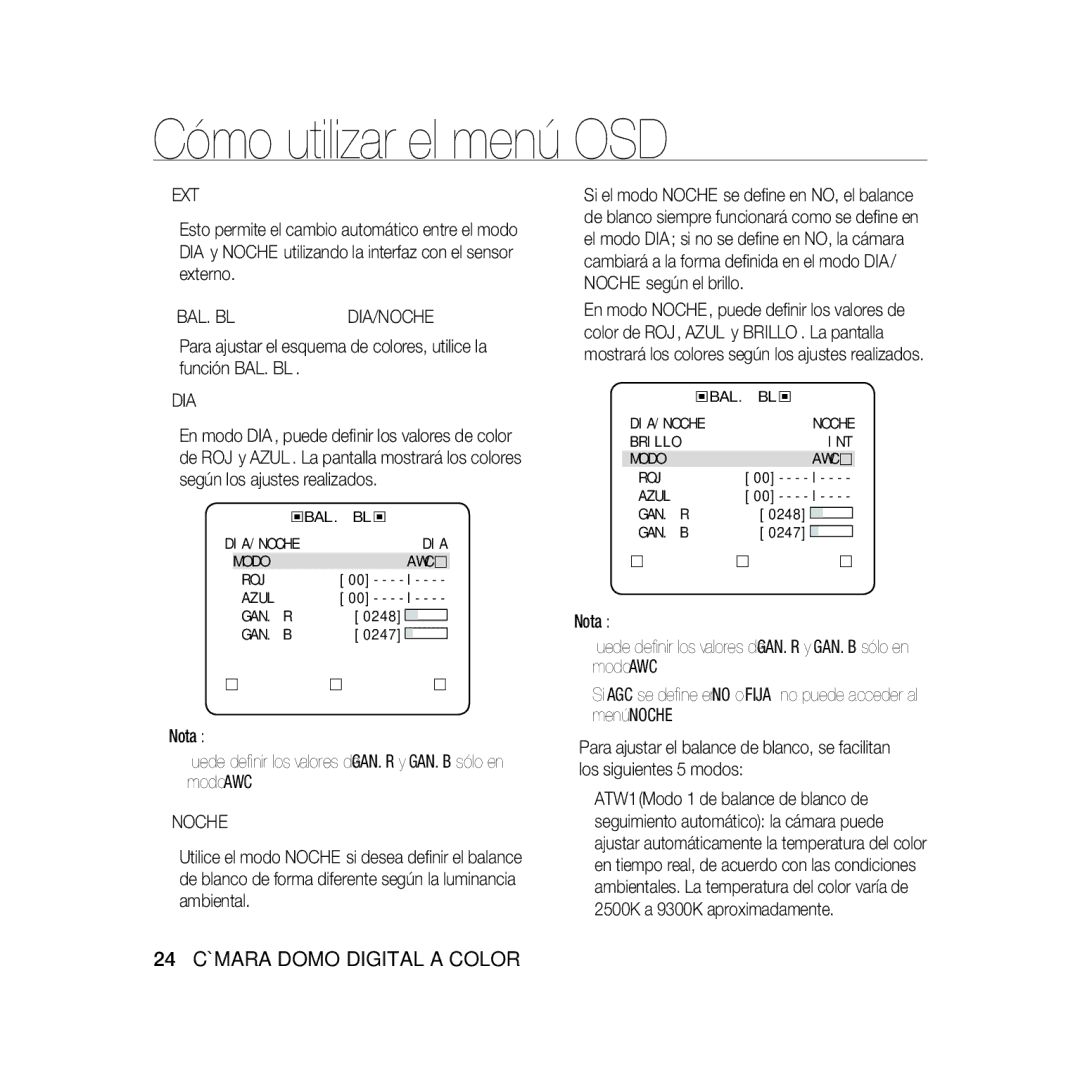 Samsung SCC-B5367P, SCC-B5369P manual DIA/NOCHE Modo AWC ROJ Azul GAN. R, Gan. B, Brillo INT Modo AWC ROJ Azul GAN. R 