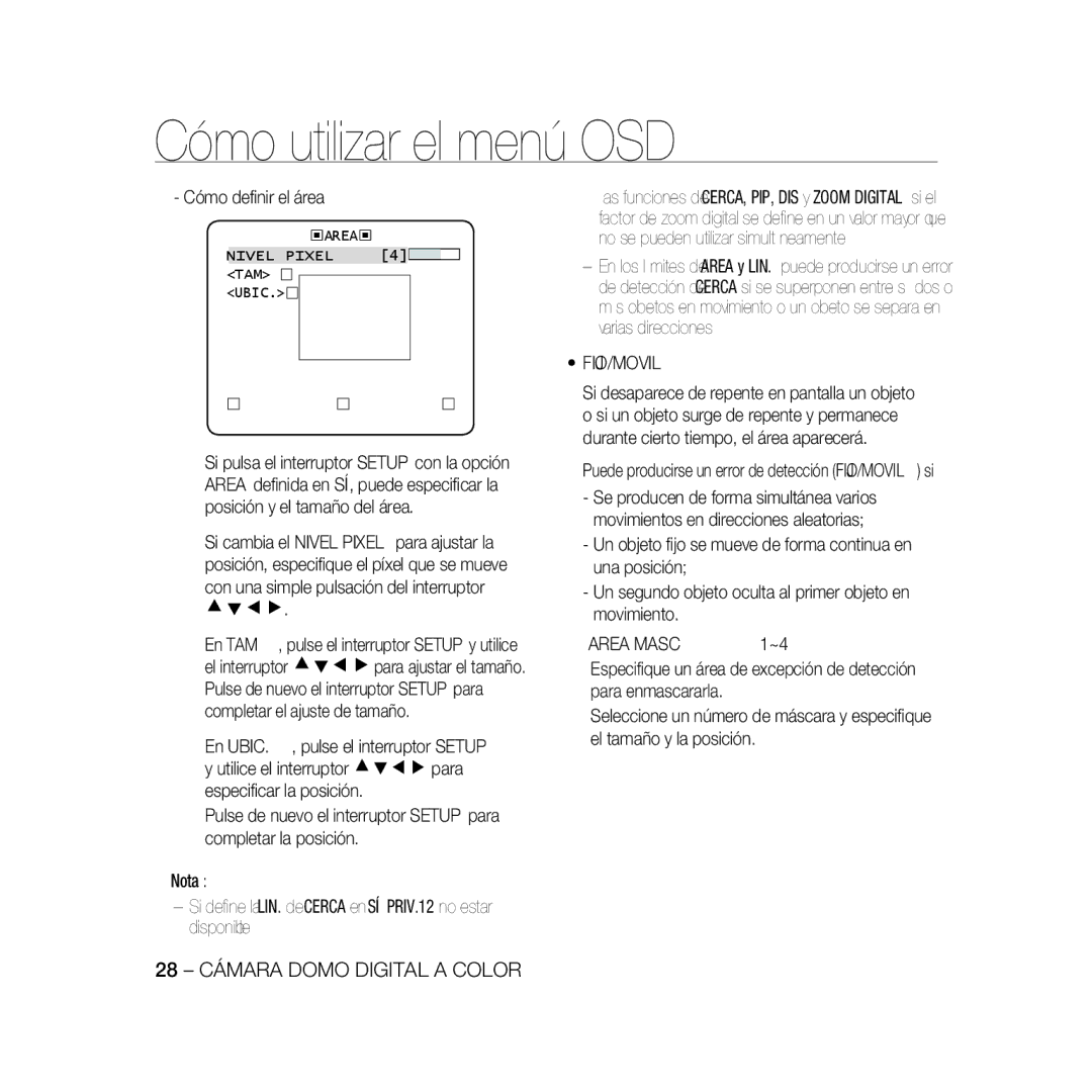 Samsung SCC-B5367P, SCC-B5369P manual Cómo deﬁnir el área, Fijo/Movil, Puede producirse un error de detección FIJO/MOVIL si 