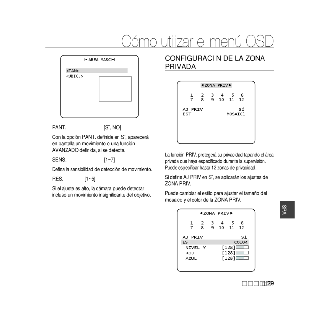 Samsung SCC-B5369P Configuración DE LA Zona Privada, Pant, Sens, Deﬁna la sensibilidad de detección de movimiento RES 